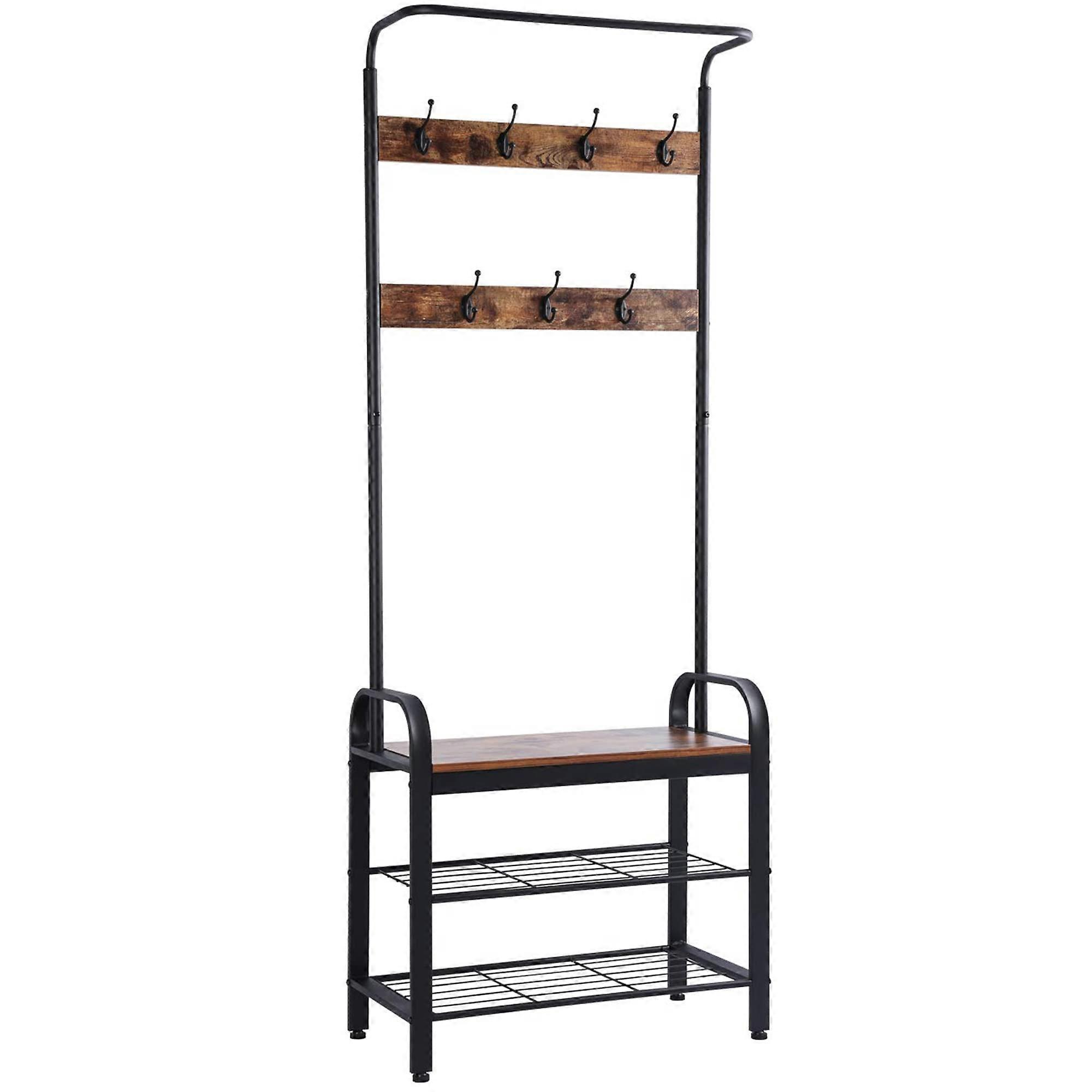Vintage Coat Rack Shoe Bench, Hall Tree Entryway Storage Shelf, Wood Look Accent Furniture Metal Frame, 3 in 1 Design, Easy Assembly