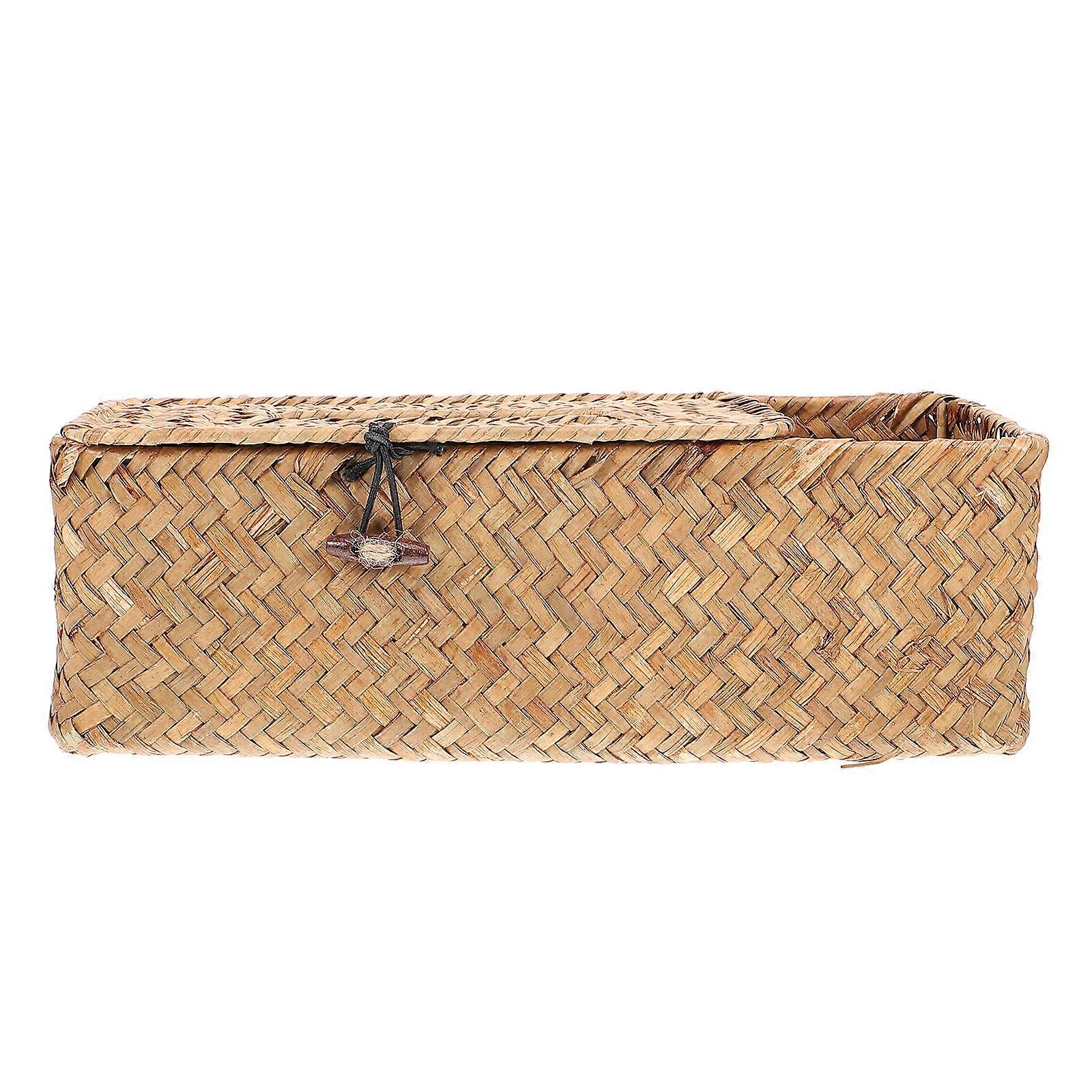 Tissue Container Vintage Tissue Case Remote Controller Organizer Khaki 29X12X9cm Woven Pattern Rustic Style Household Item 1Set