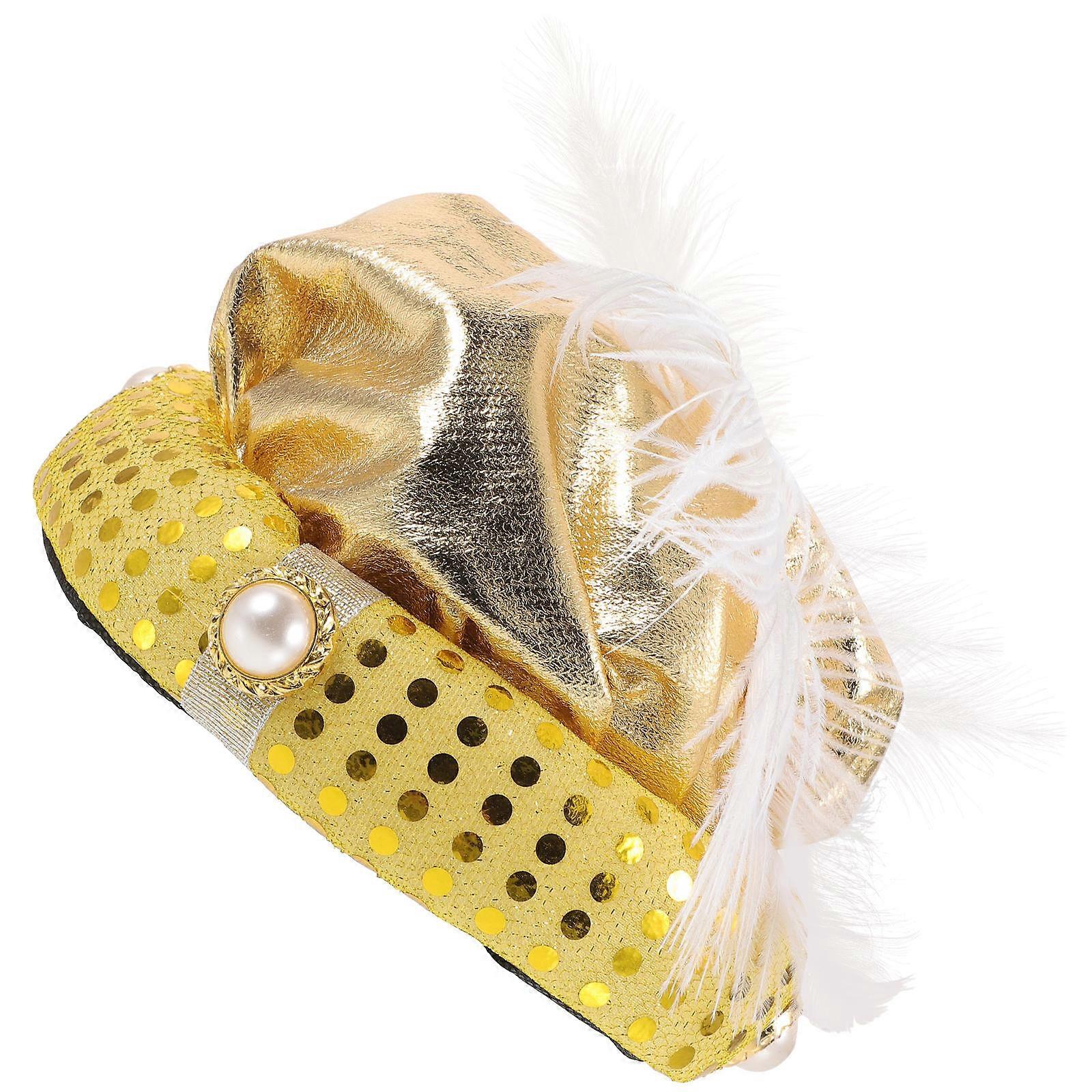 Carnival Photo Prop Plume Cap Hat For Halloween Performance Adults Round Top Simple Design Golden 26x14cm Dance Hat 1Set