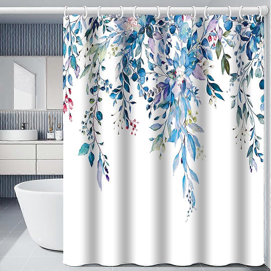 Shower Curtain 180x220 Cm Elegant Blue Leaf Pattern Waterproof Mold-Resistant Washable Includes 12 Hooks For Bath