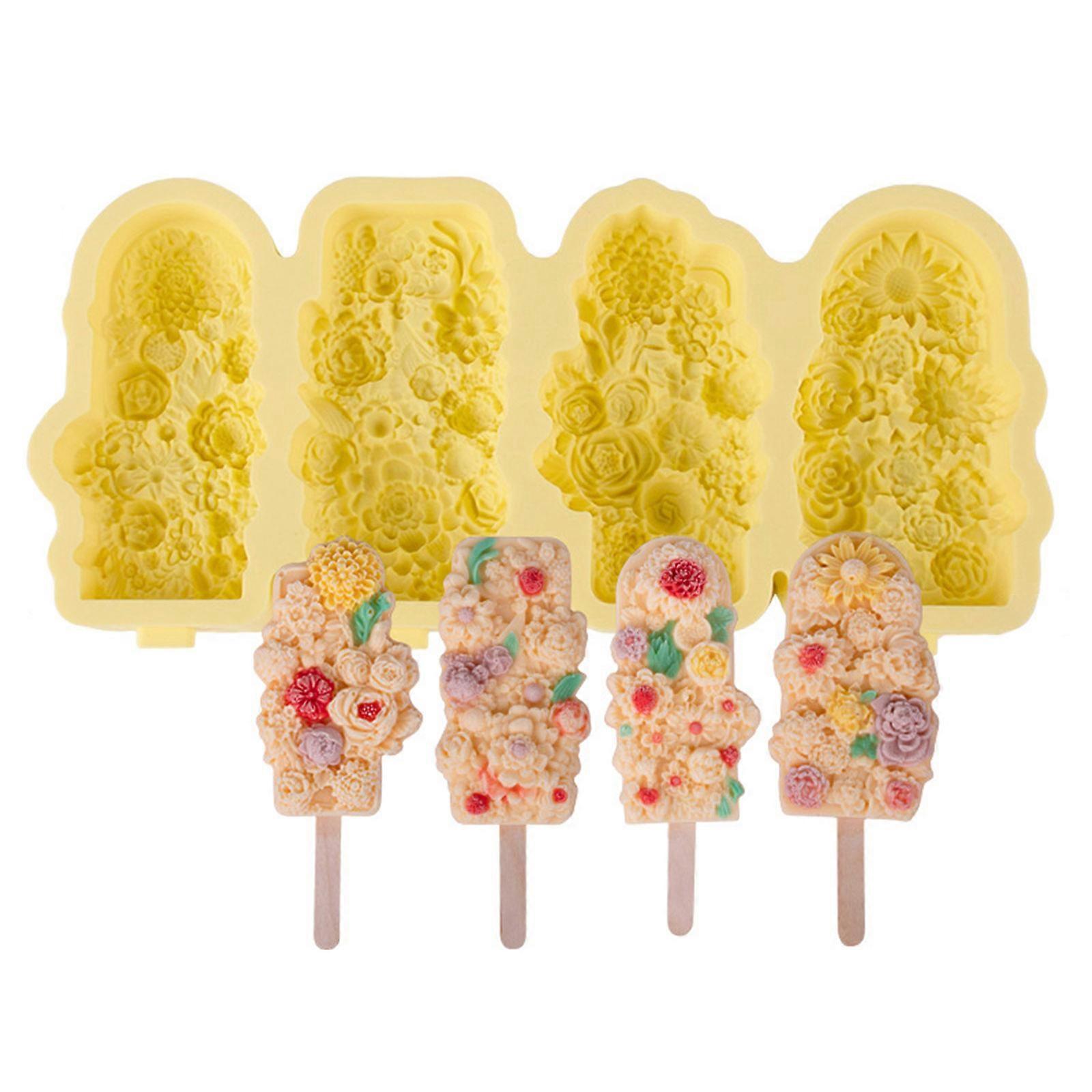 Silicone Ice Molds With Stick for Parties and Gatherings Easy Releases 4 Compartments Popsicles Moulds Ice Cream Molds Yellow
