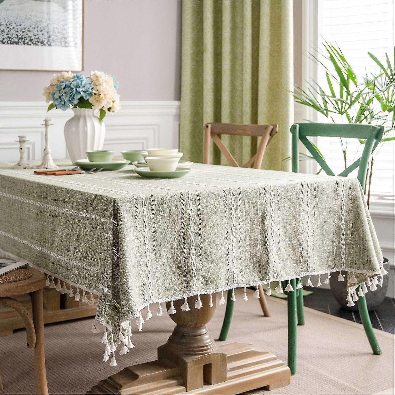Cotton Linen Tablecloth with Tassels, Wrinkle Seams, Dining Tablecloth (Color A)