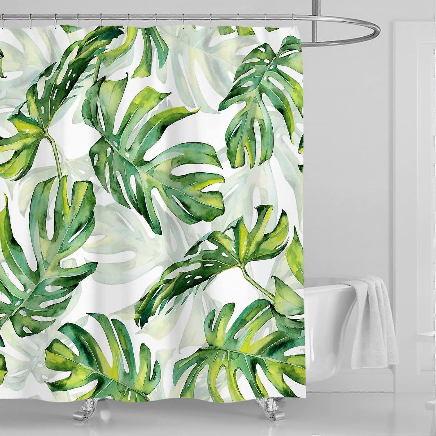 Anti-mildew shower curtain, green monstera leaf pattern, waterproof