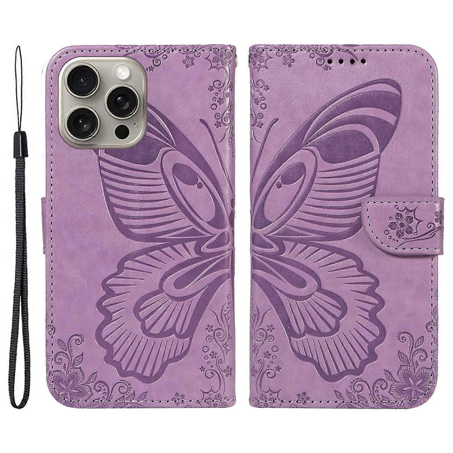 For iPhone 15 Pro Max Case Leather Card Holder Folding Stand Phone Cover Imprinted Butterfly - Light
