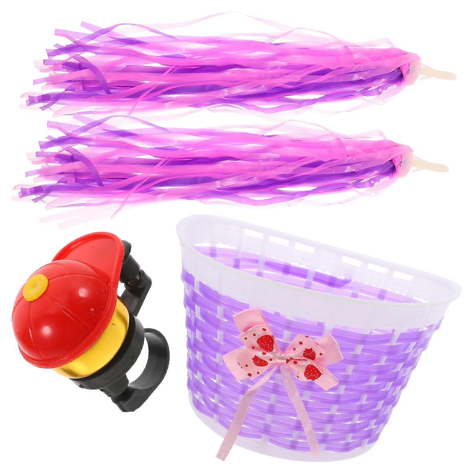 4pcs Bike Handlebar Basket Set with Streamers & Bell – Decorative Accessories for Kids' Bicycles, Purple Basket, Random Bell & Streamer Colors