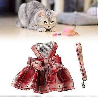 Stylish Dog Harness Dress with Bowknot in Red Plaid - Comfortable & Breathable Pet Harness with Leash for Daily Wear & Special Occasions