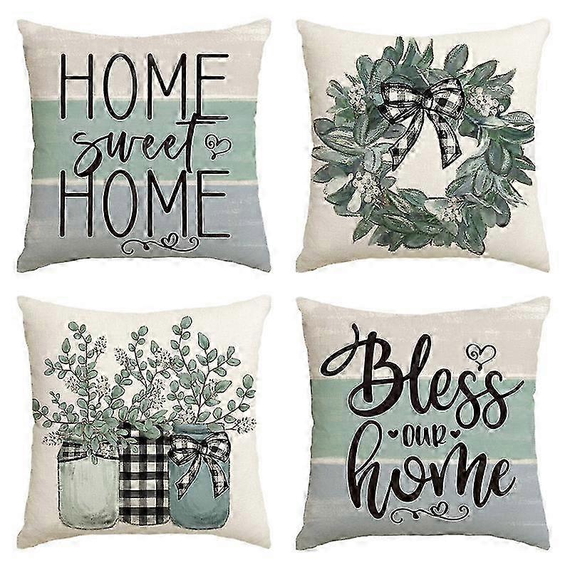 Spring Pillow Covers 18 X 18 Set of 4 - Eucalyptus Farmhouse Decorations Throw Pillow Cushions for Spring