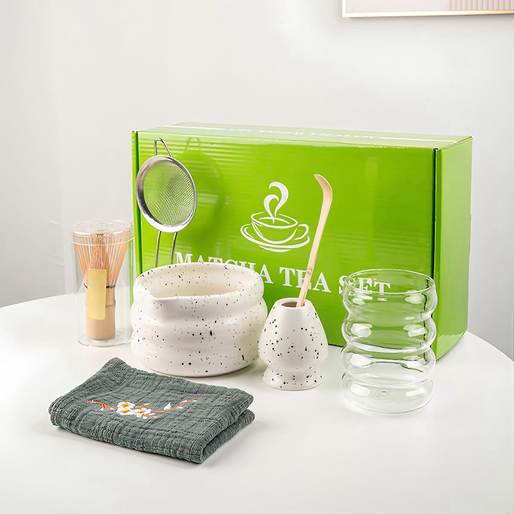Matcha Whisk Set With Matcha Bowl 8Pcs Tea Set Includes Whisk Holder Cup Scoop Sifter Tea Cloth White-02 White Clear