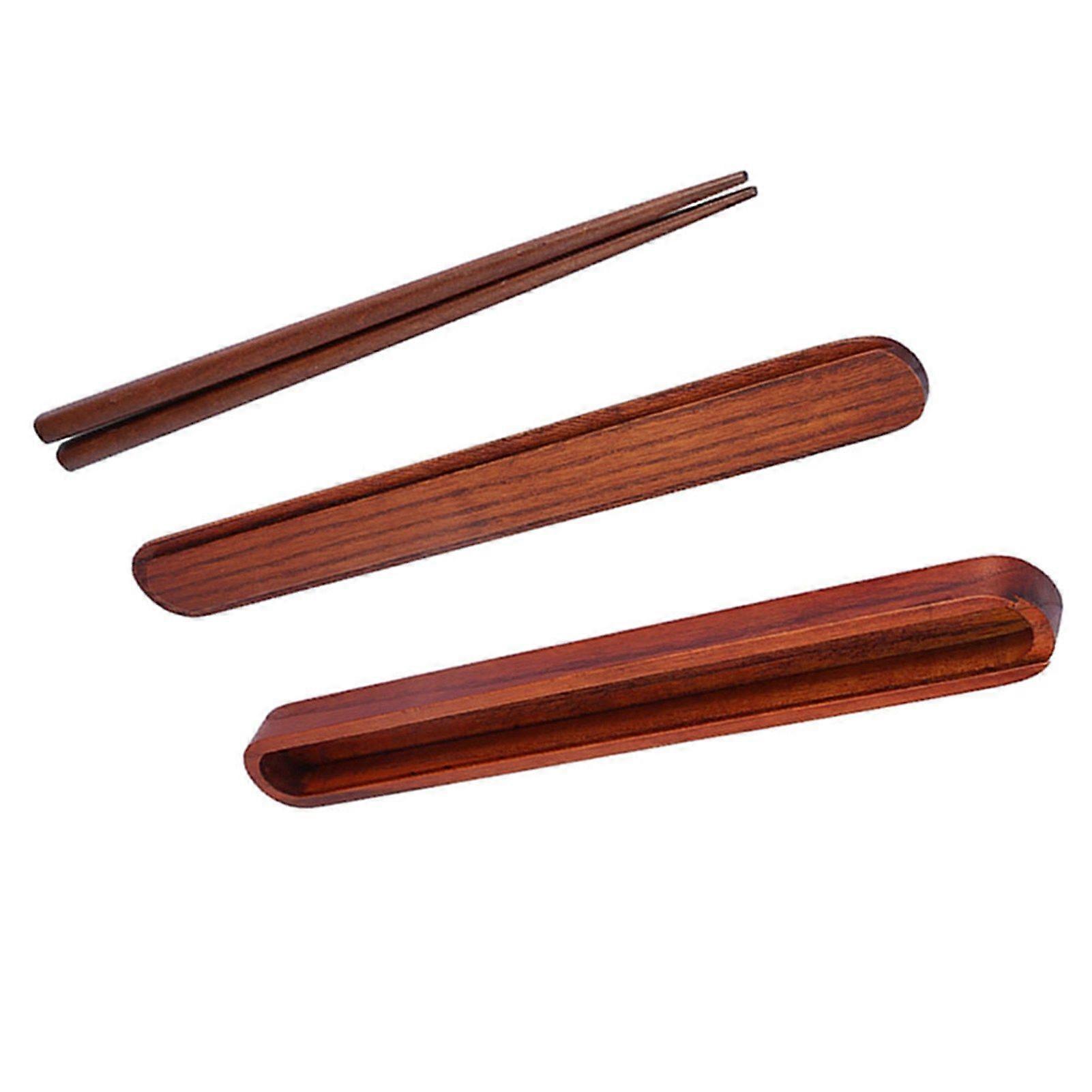 Portable Wooden Chopsticks Pull Out Chopsticks Box Case Tableware Dinnerware Deep Wood Color
