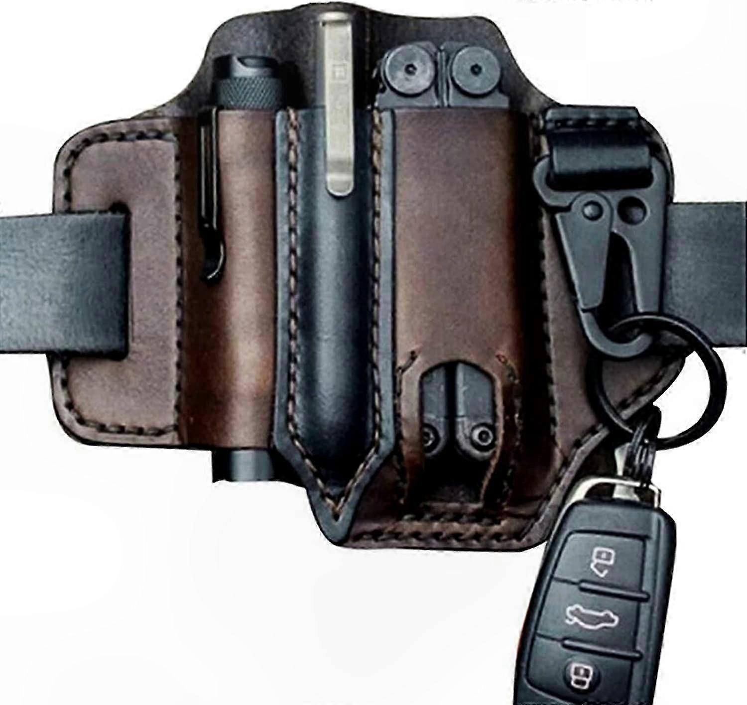 Leather EDC Belt Pouch with Pen Holder, Key Fob, and Flashlight Sheath for Men