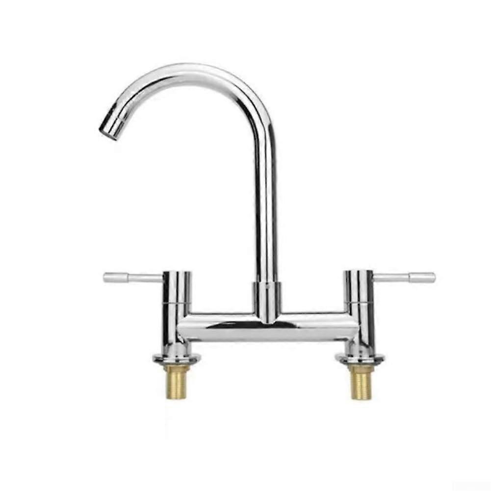 Modern Double Lever Chrome Faucet Kitchen Sink Hot Cold Mixing Faucet 2 Hole Deck Mounted Basin Compatible