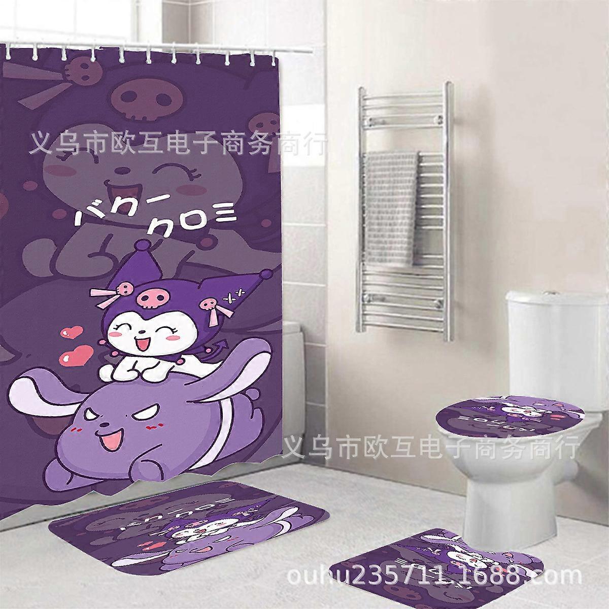 Cartoon Kuromi printed shower curtain with accessories set shower curtain waterproof and mildew-proof bathroom four-piece set