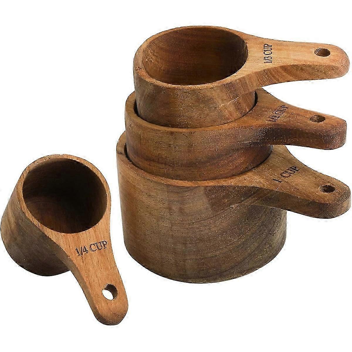 Set of 4 Wood Measuring Cups Stackable Handle Baking Cooking 4 Size