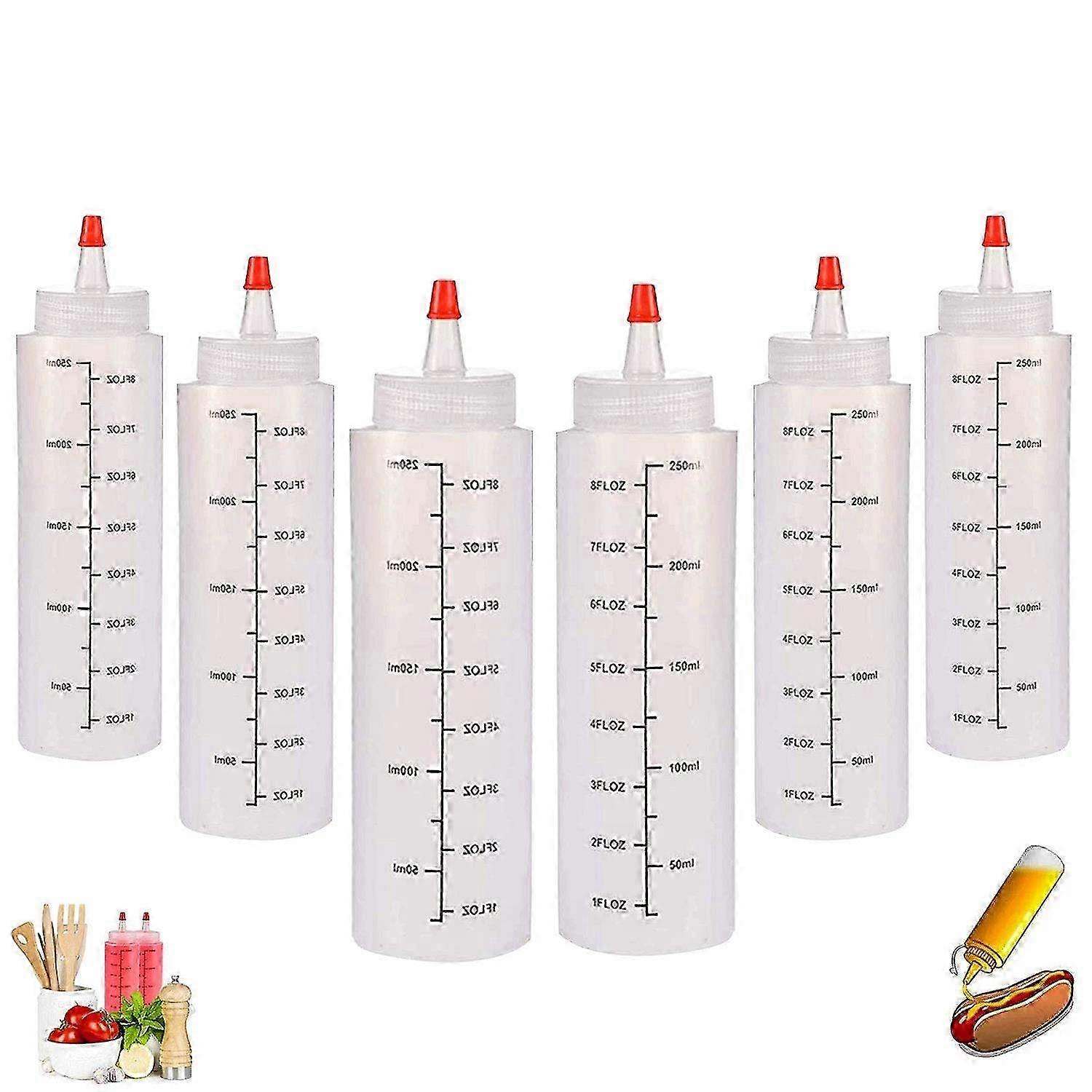 Plastic Squeeze Bottles,6 x 250 Ml Condiment Squeeze Bottles, Liquid Bottles with Leak-Proof Tip Cap and Measurements