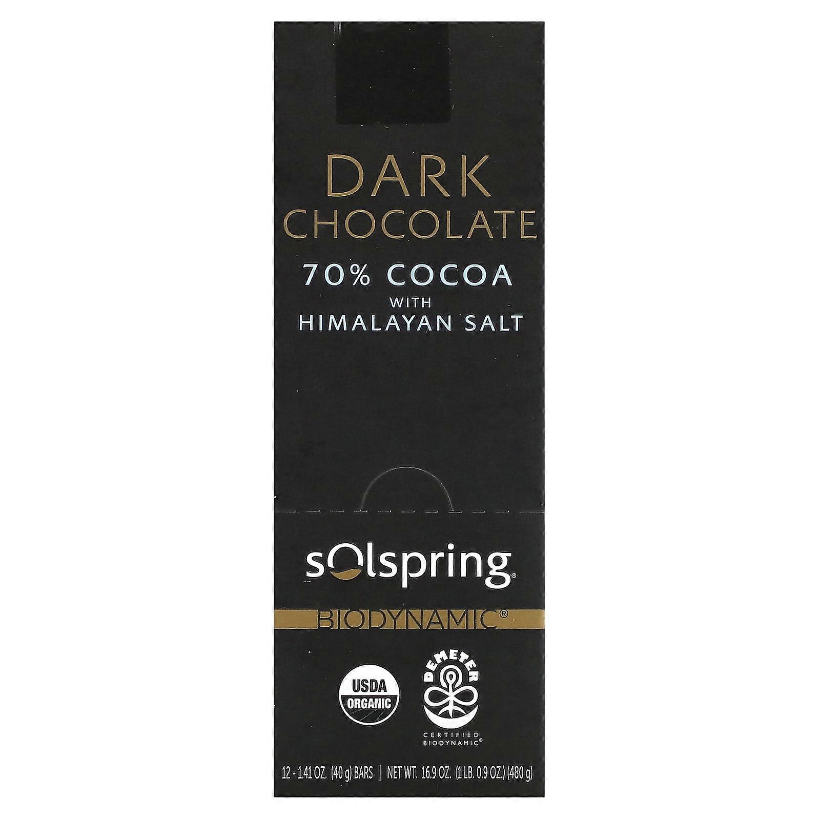 Solspring, Biodynamic, Dark Chocolate Bar, 70% Cocoa With Himalayan Salt, 12 Bars, 1.41 oz (40 g) Each