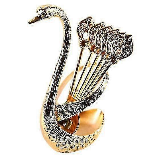 Cutlery Spoon Set: Creative Shape, Bright Colors, Rust & Corrosion Resistant, Polished Surface. Swan Shaped Storage Holder Included