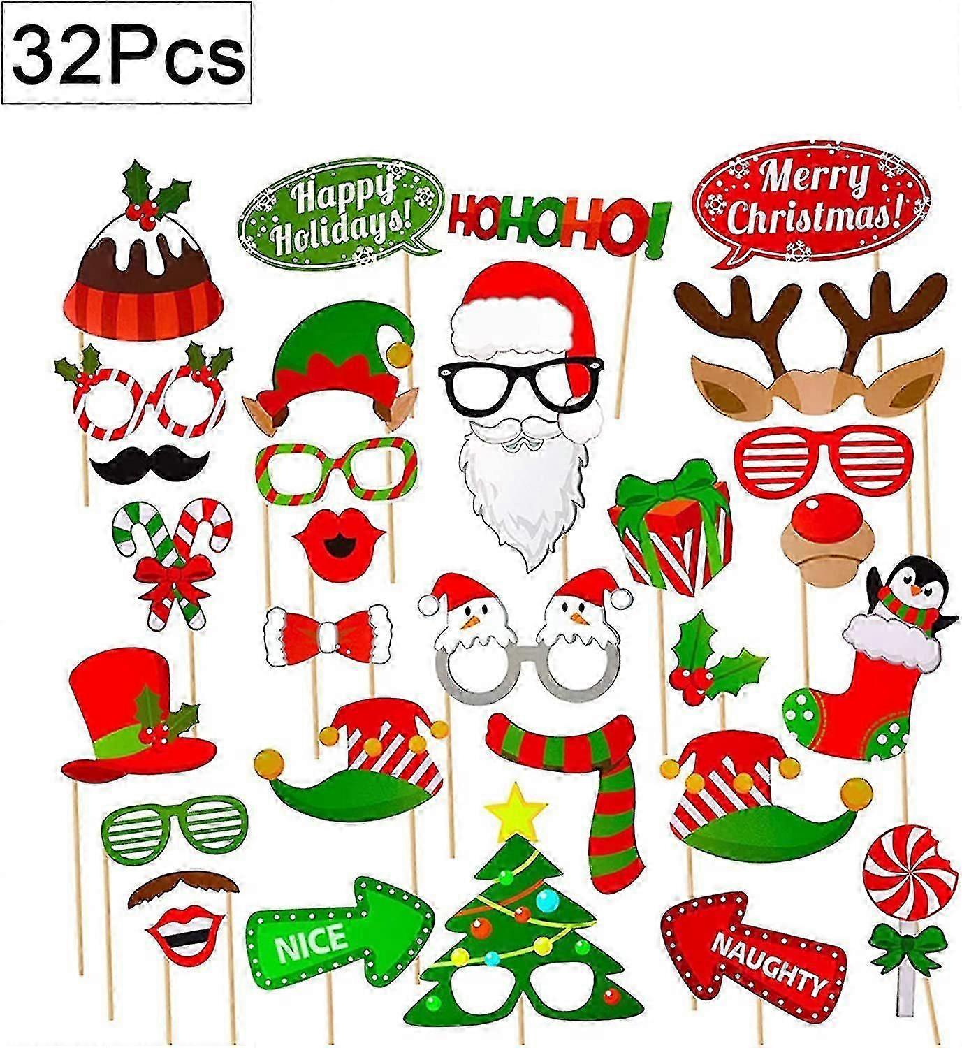 32 Pieces Christmas Photo Kit, Christmas Photo Props, Christmas Photobooth Props, For Christmas Wedding Birthday Party Decoration