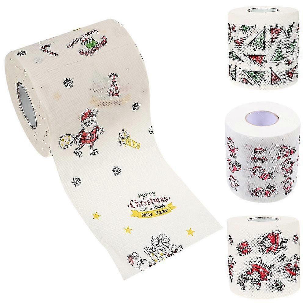 4 rolls of toilet paper with a Christmas print. Decorative napkins with a Christmas print.