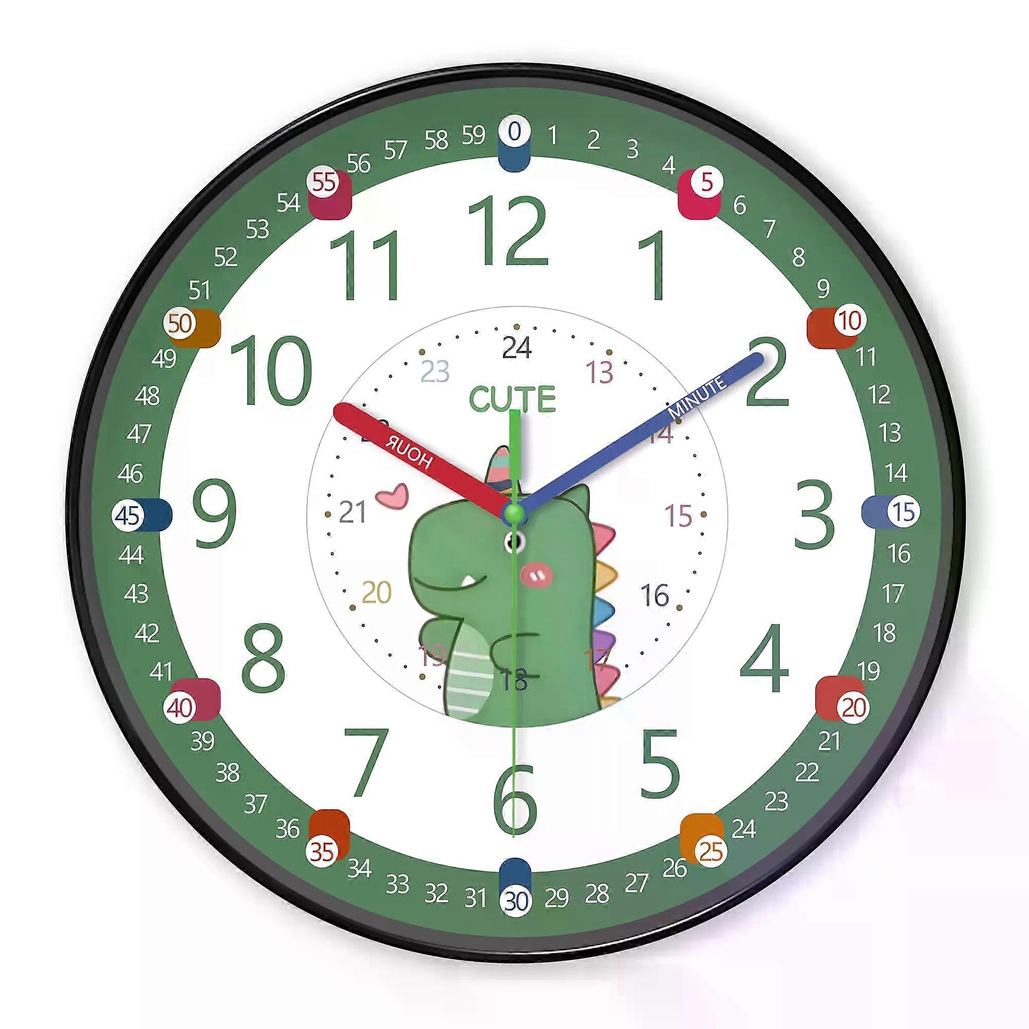1pc cartoon wall clock, cute little green dinosaur and color pointer design teaching wall clock, 24-hour system silent clock, su