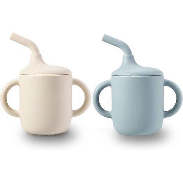 2-pack 100% Silicone Small Training Cup with Handle & Straw for Babies and Toddlers (White Blue)