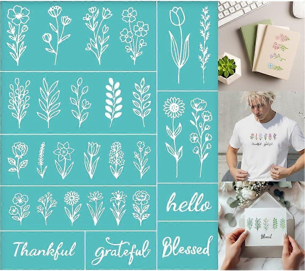 2 Sheets Silk Screen Stencil Single Plant Flower with Common Text Reusable Mesh Stencil Self-Adhesive Silk Screen Printing for Wall Border Wood Fabric