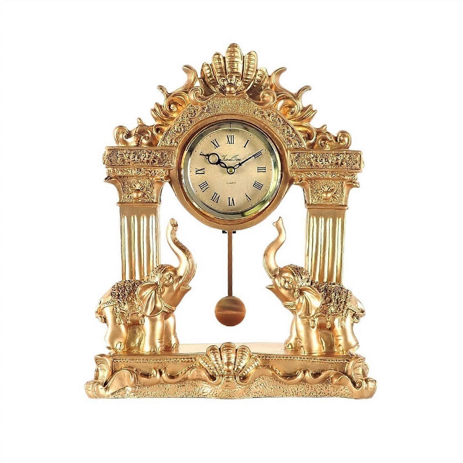 Handcrafted Elephant Table Clock with Clear Glass Display, Vintage Decorative Desk Clock for Home