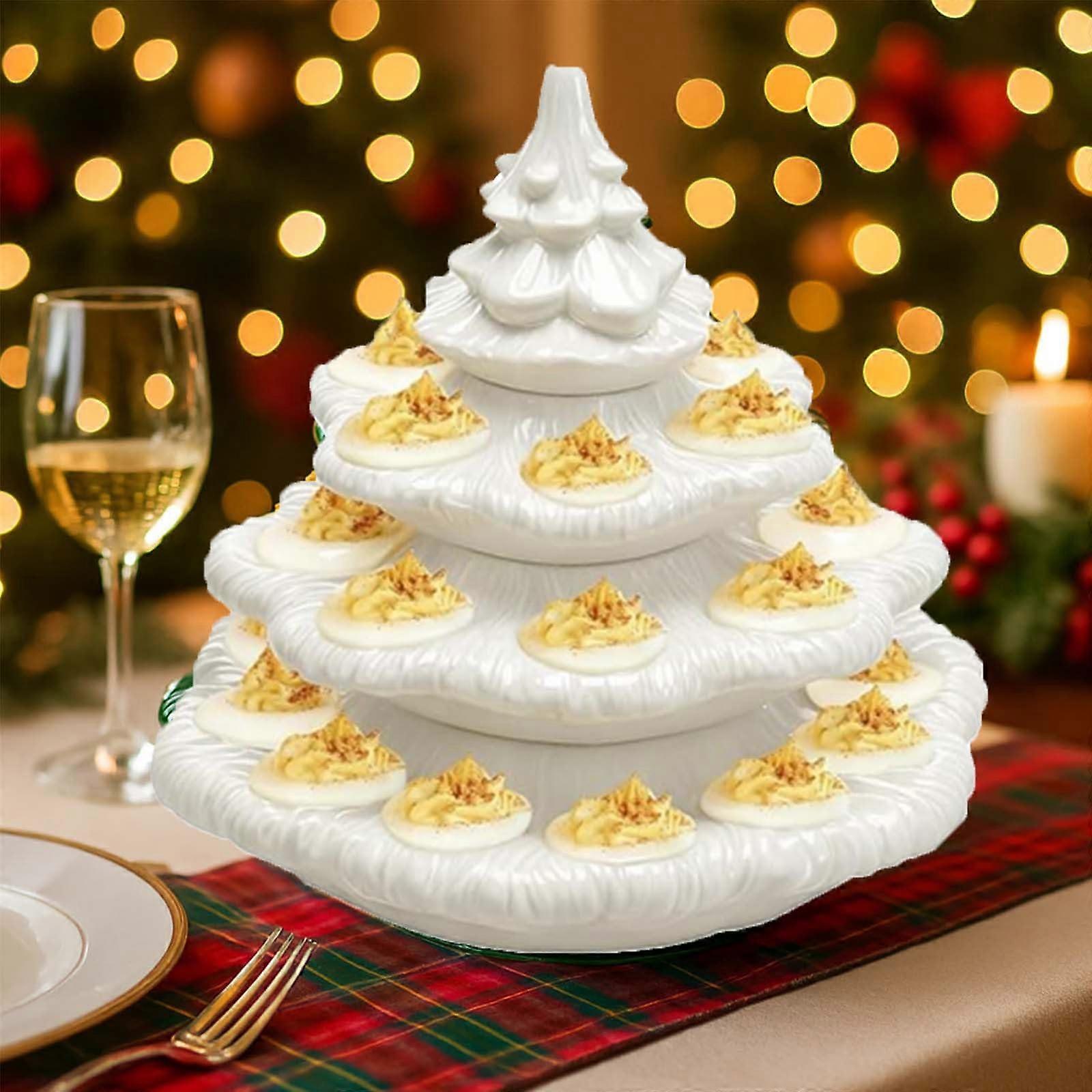 Christmas Tree Deviled Egg Tray Holds 26 Eggs, Stackable Ceramic Holiday Platter for Festive Serving