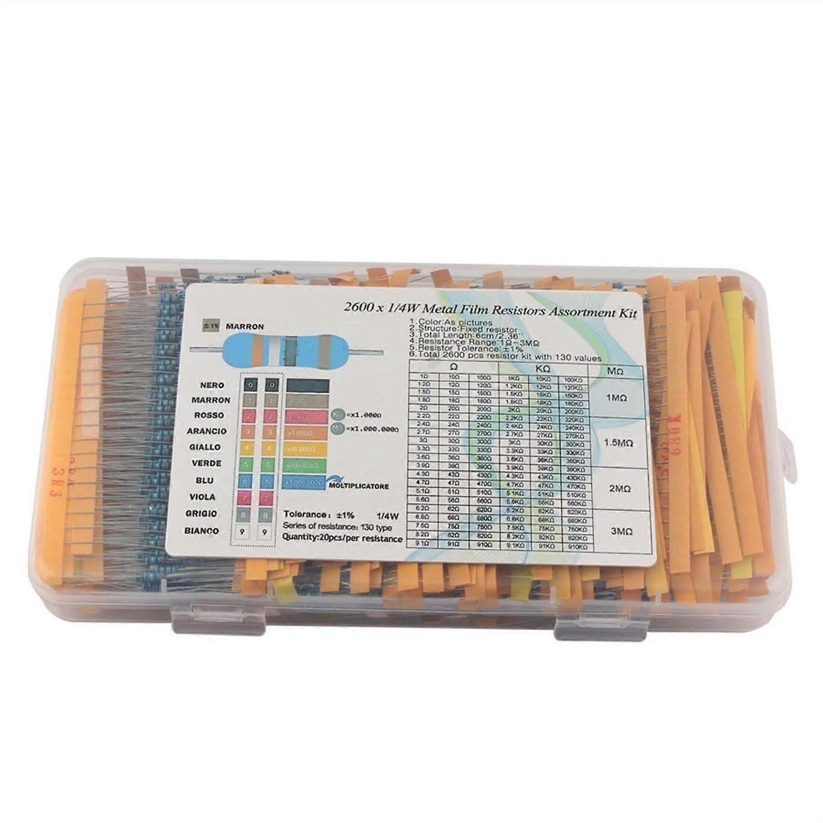 2600pcs Resistor Kit 1/4W 1% Metal Film Assortment Set for Precision Resistance and Stable Performance