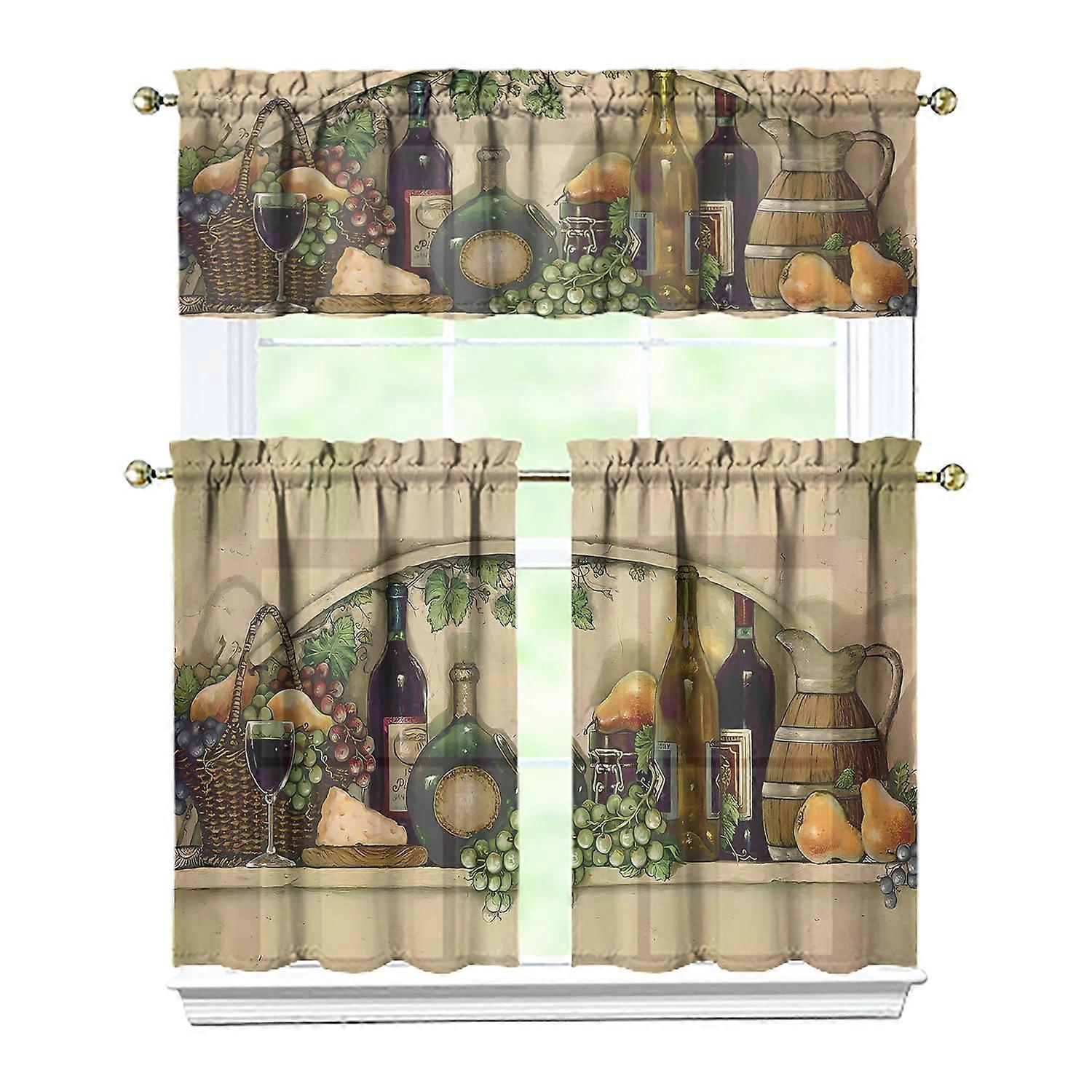 Wine Grape Kitchen Curtains 3 Piece Window Valance Set Light Filtering Fade Resistant 54x36