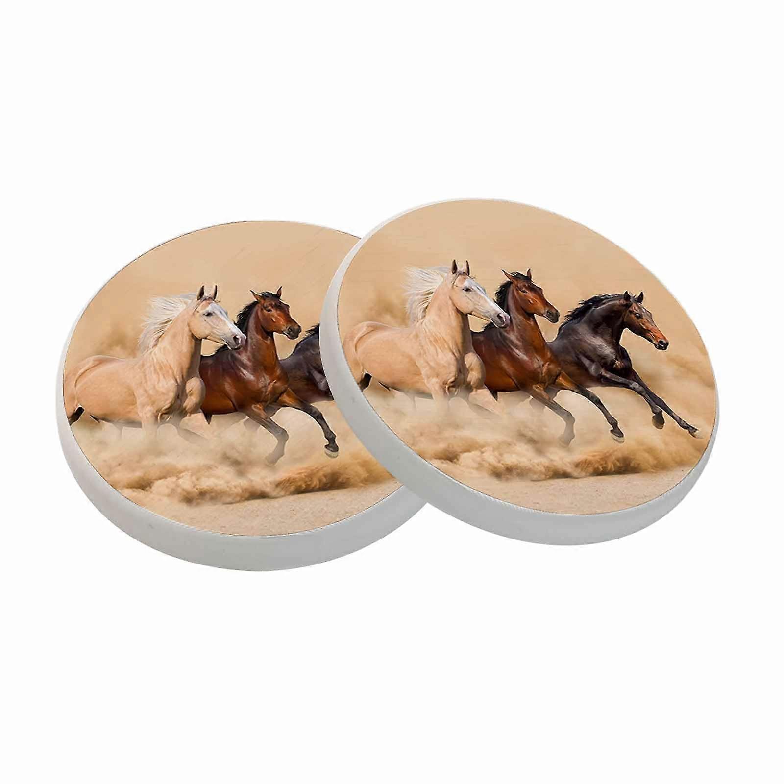 Ceramic Drink Coasters with Cork Backing, Absorbent Round Horse Design, 2 Pack 4 Inch