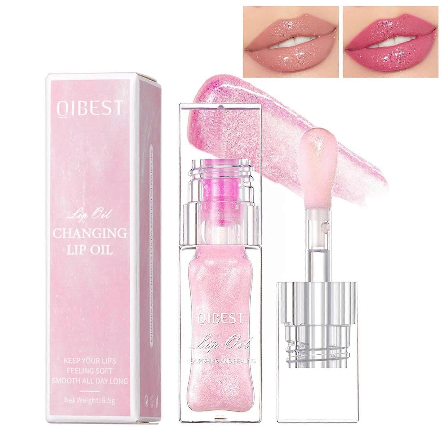 Color Changing Lip Oil with Glitter, Moisturizing NonSticky pH Reacting Lip Gloss, Large Brush