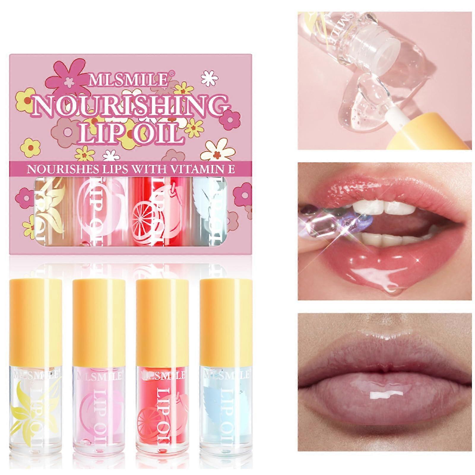 4 Pcs Fruit Flavored Lip Oil Set with Vitamin E, Moisturizing NonSticky Gloss, Deep Hydration Gift