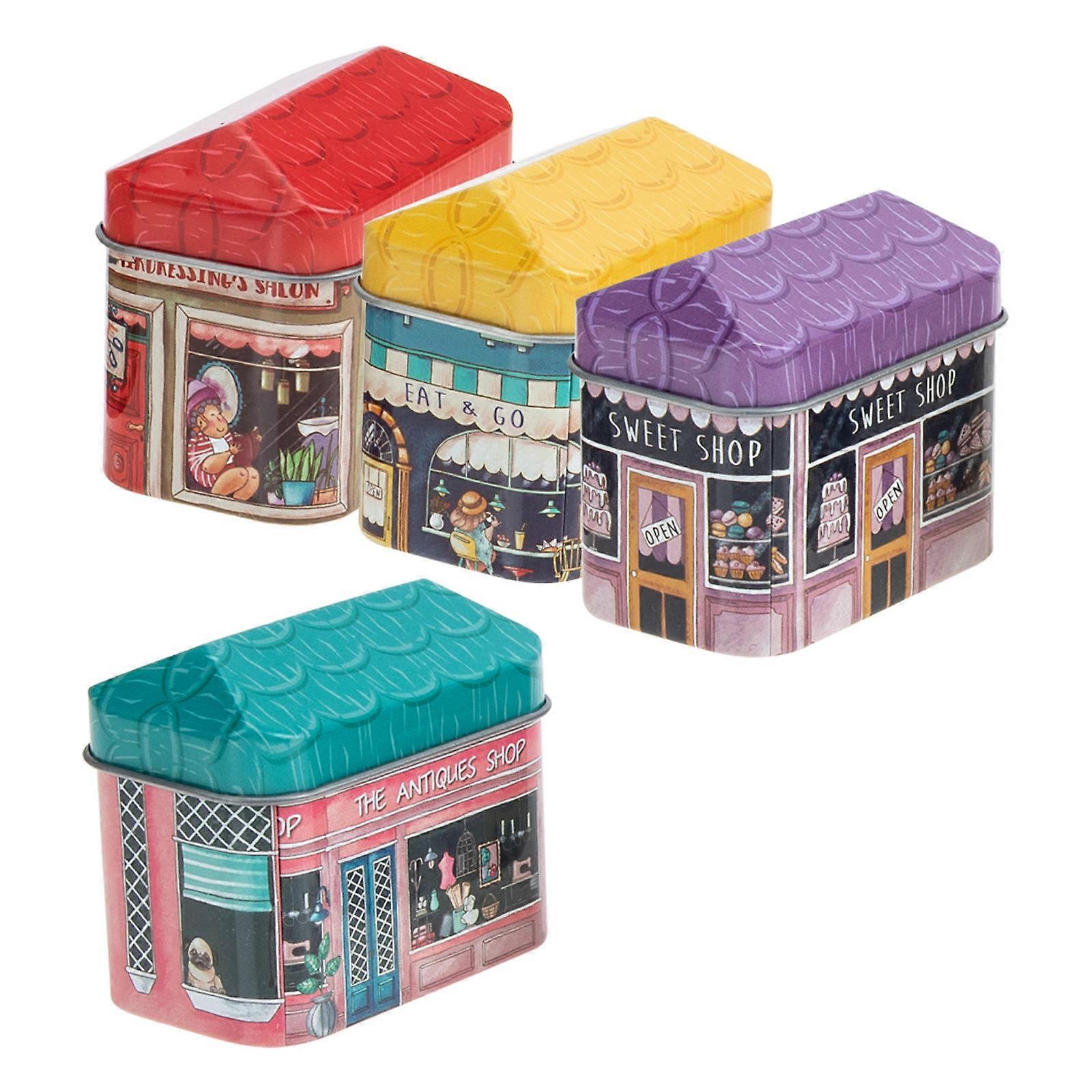 4Pcs Mini House Tinplate Boxes Decorative Candy Containers for Living Room (Assorted Patterns)