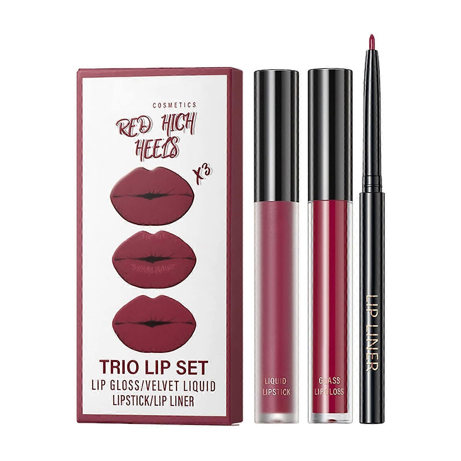 Matte Lip Gloss Set Trio with Lip Liner, Nonsticky Longlasting Moisturizing Full Coverage 3ml