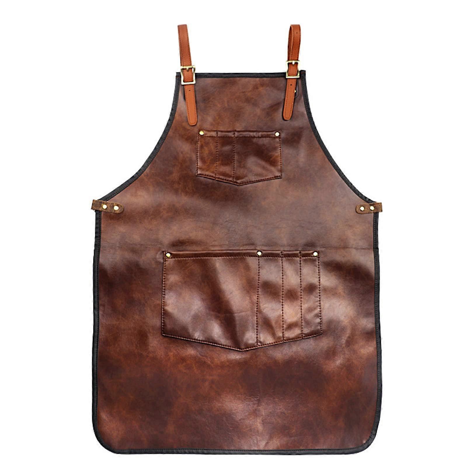 PU Leather Work Apron with Pockets, Heat Proof Adjustable Cross Back for BBQ Kitchen Barber