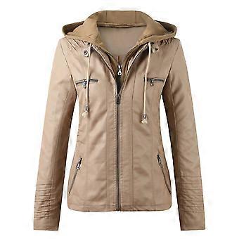 Letvægtsjakke i imiteret læder med hætte til dame, afslappet bikerfrakke, slim fit, lynlås, plus size, rød S – kompatibel med efterårsmode