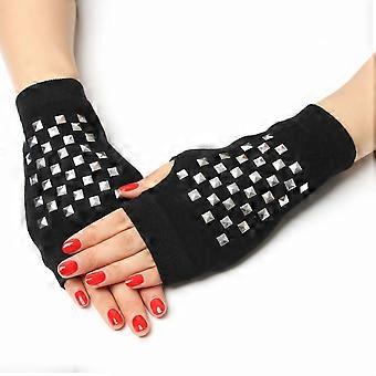 Black Rhinestone Fingerless Gloves for Women, Sparkly Snowflake Reindeer Winter Knit Gloves, Half Finger Design, Soft Cotton, Pack of 2