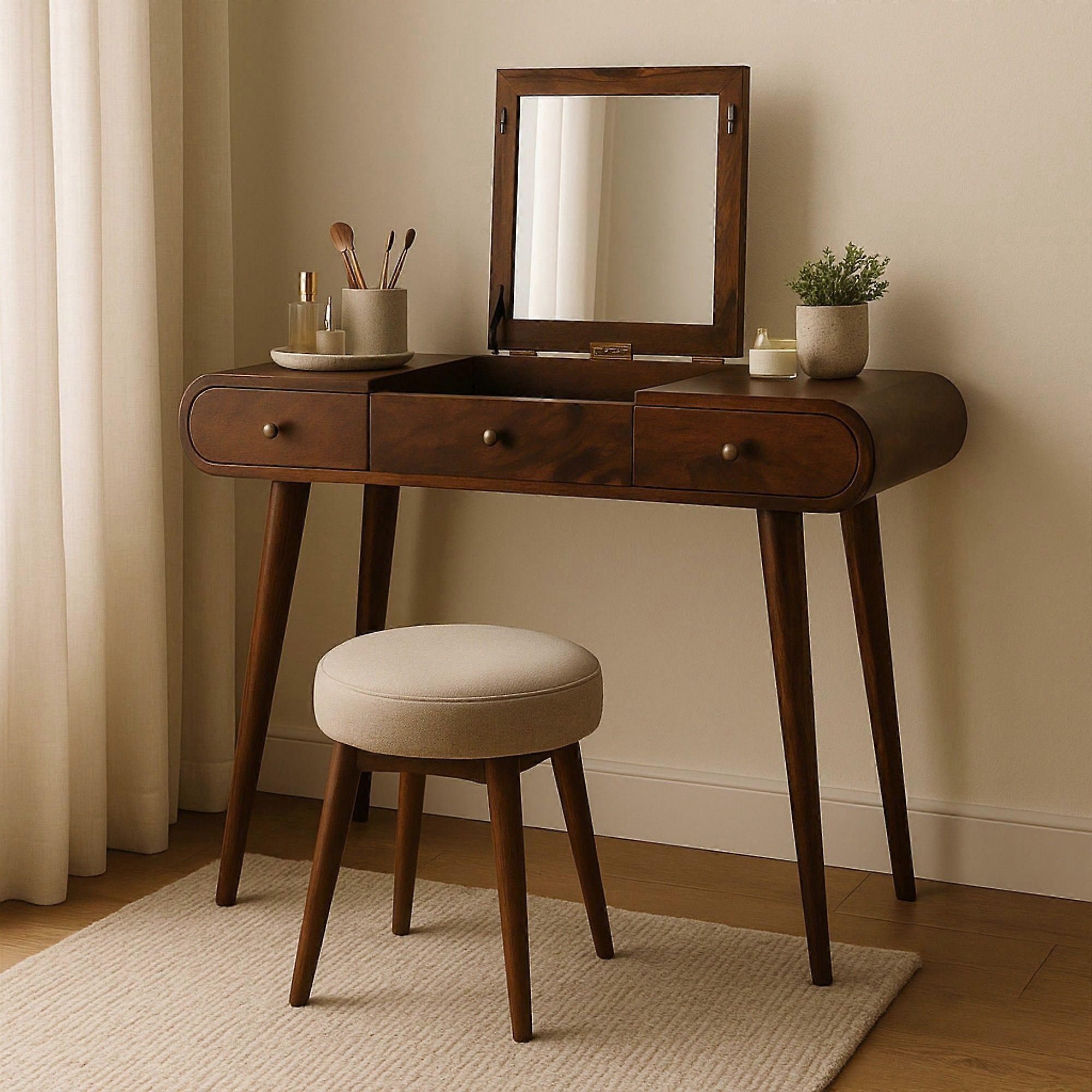 Solid Wood Chestnut Mirror Dressing Table, 3 Drawers, Dark Brown