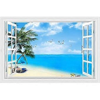 Fake Windows Wall Sticker, Removable 3D Beach Seascape Faux Windows Wall Decals for Bedroom Living Room Decoration,24"x18" - -