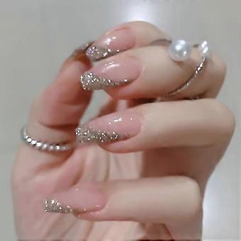 Druck auf Nägel Mittellanger Sarg Falsche Nägel Rosa Nägel Glänzende Falsche Nägel Full Cover Prom Nägel mit Kleber Aufkleber Rosa (Klar). Hinweis: Kein Kleber.