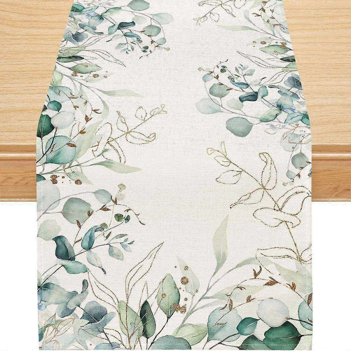 Off White Spring Table Runner with Eucalyptus Leaves, 13x90 Inch