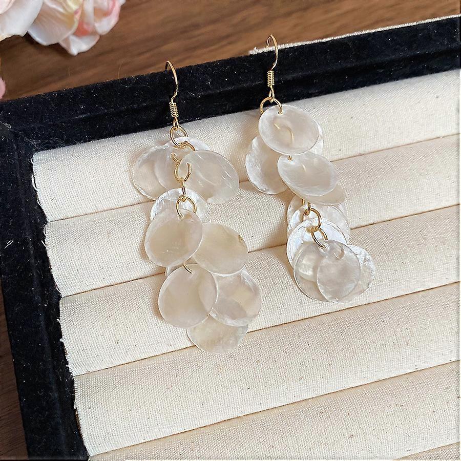 1pair Shell Dangle Earrings Flat Round Golden Floral White 80mm