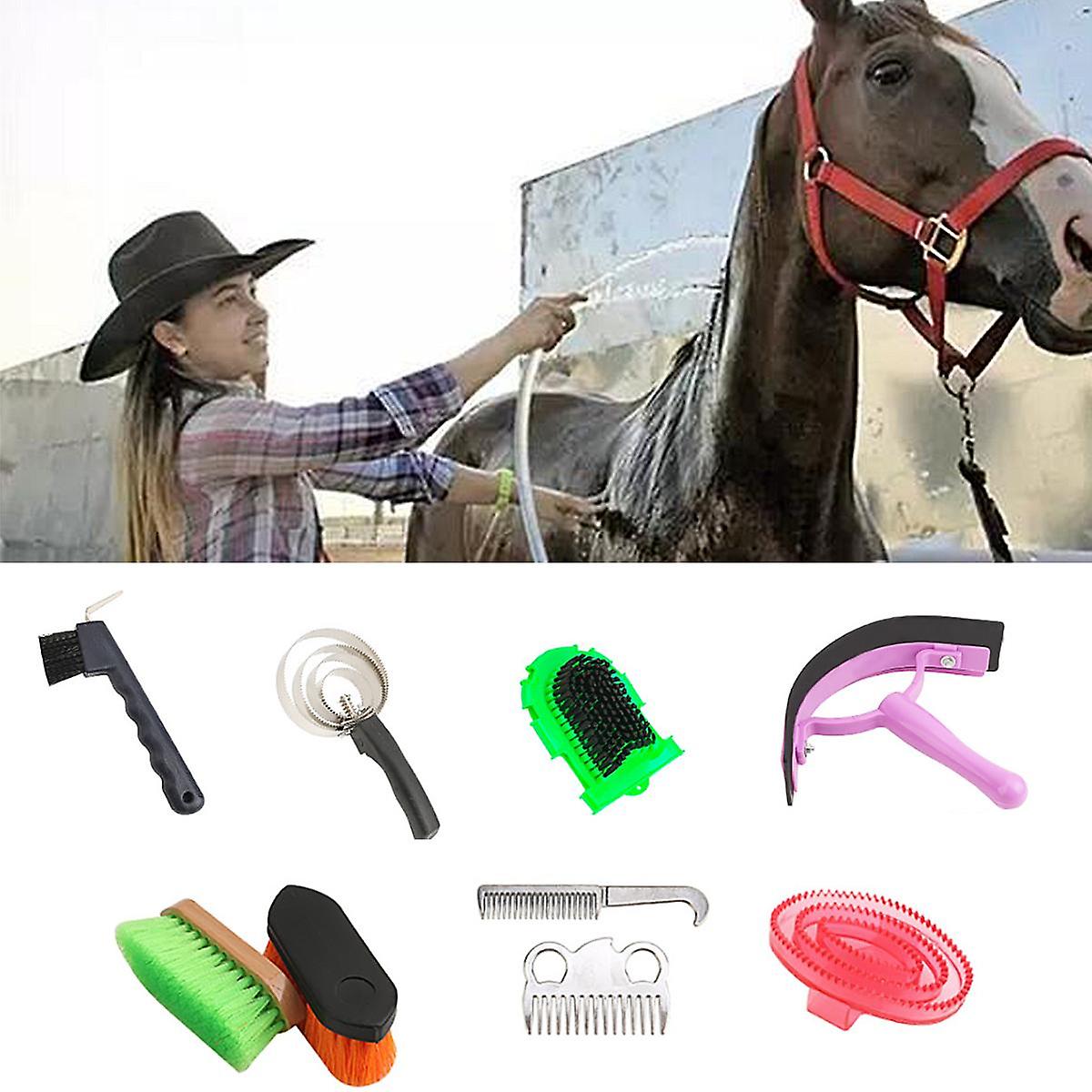9pcs Horse Brush Cleaning Tool Scraper Brushing Horse Set Horse Cleaning Tool Horse Hair Comb Massage Brush=