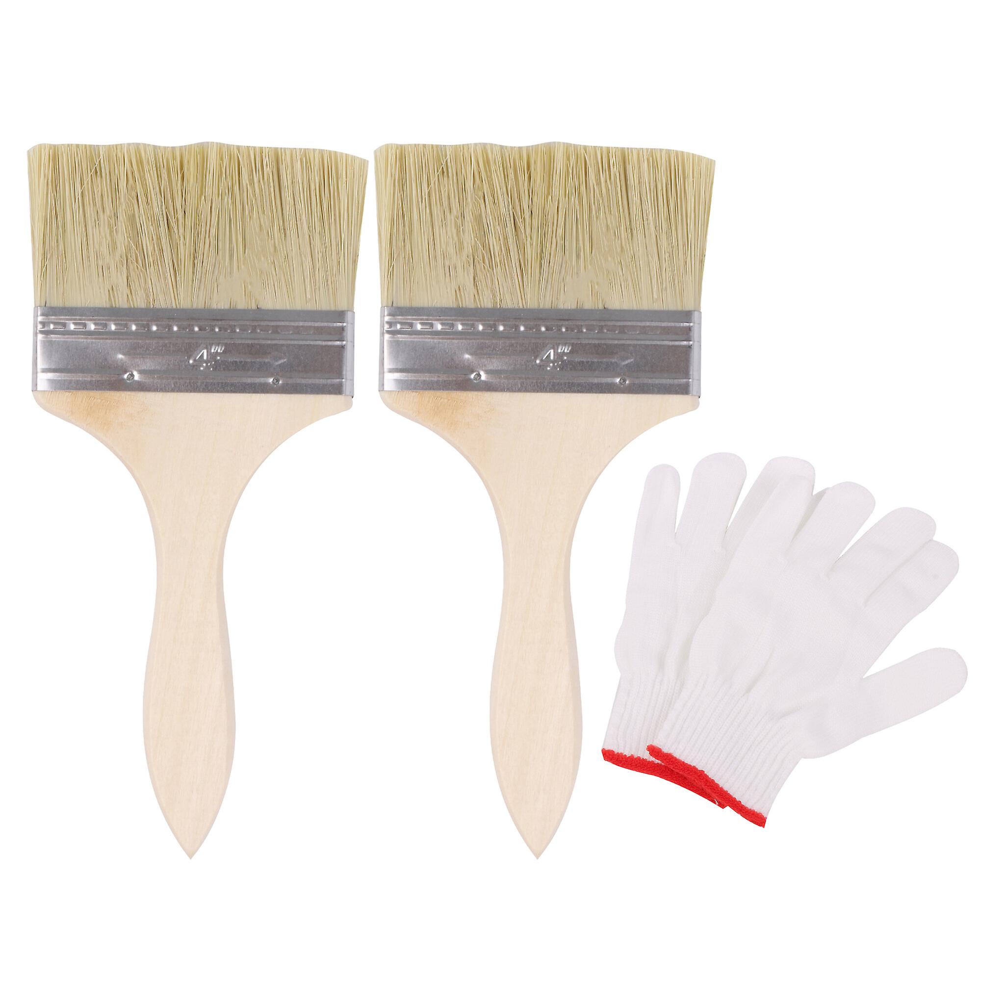 2 Pcs Thin Wood Handle Paint Brush for Painter 4Inch with Nylon Mittens