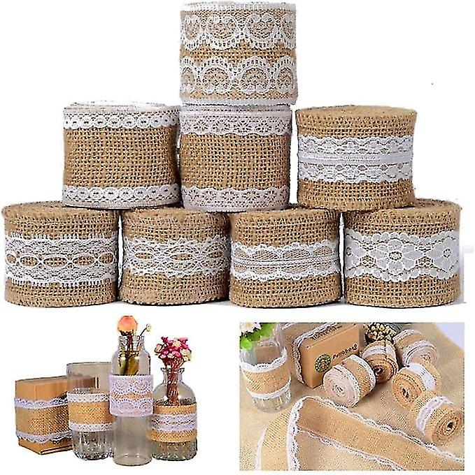Jute Lace Ribbon, 8X2M Burlap Lace Roll, Made of Natural Jute Ribbon and White Silk Lace, Country We