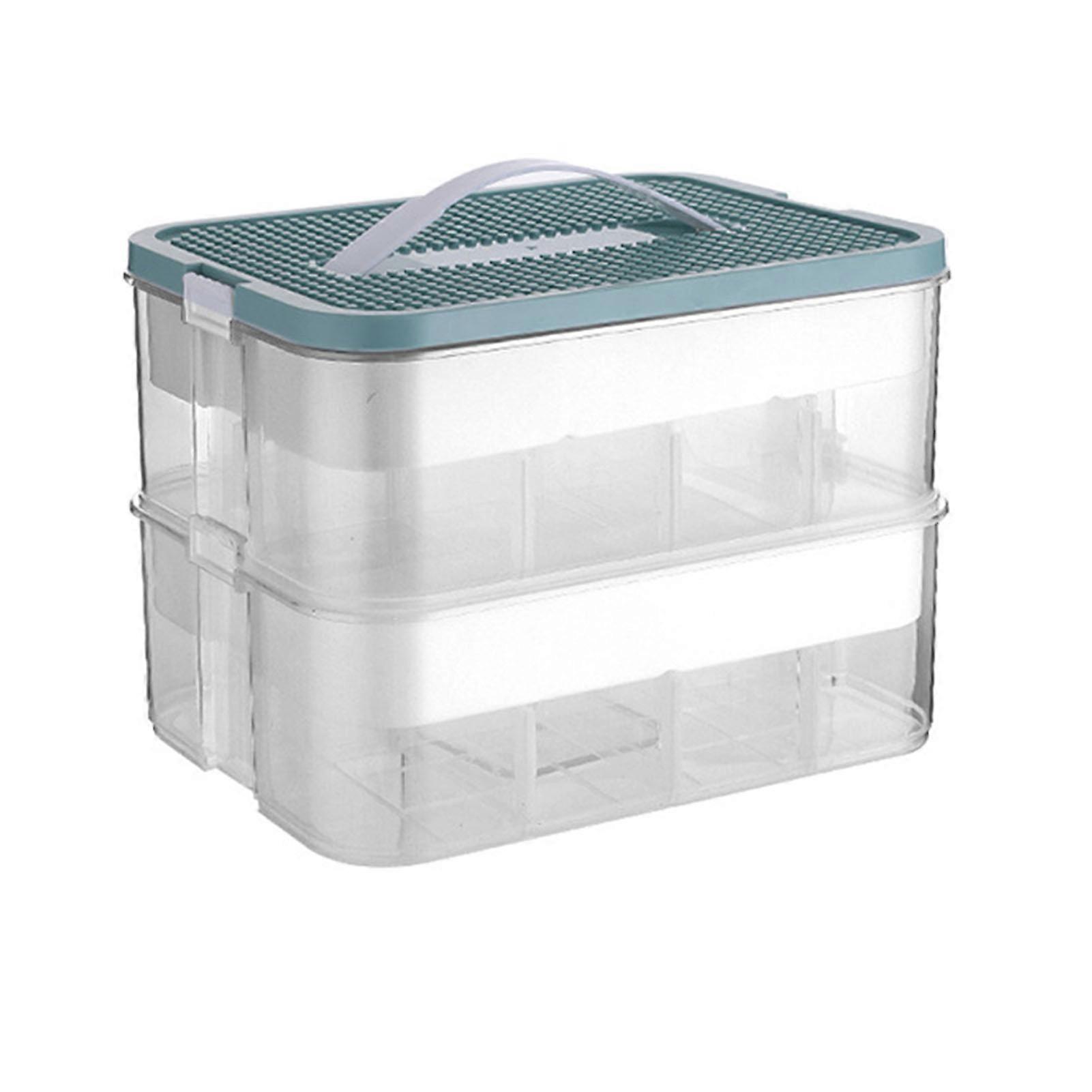 Stackable Toy Storage Bin Plastic Block Building with Lid Multiple Compartments Large Capacity Organizer Box for Kids 2 Tiers Green (30.5x23x23cm)