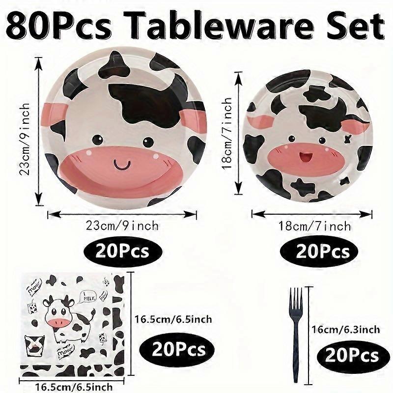 80pcs Party Tableware Set, Cow Print 7'' And 9'' Paper Dinner Dessert Plates Luncheon Napkins And Black Forks Cow Milk Birthday Christmas New Year Par