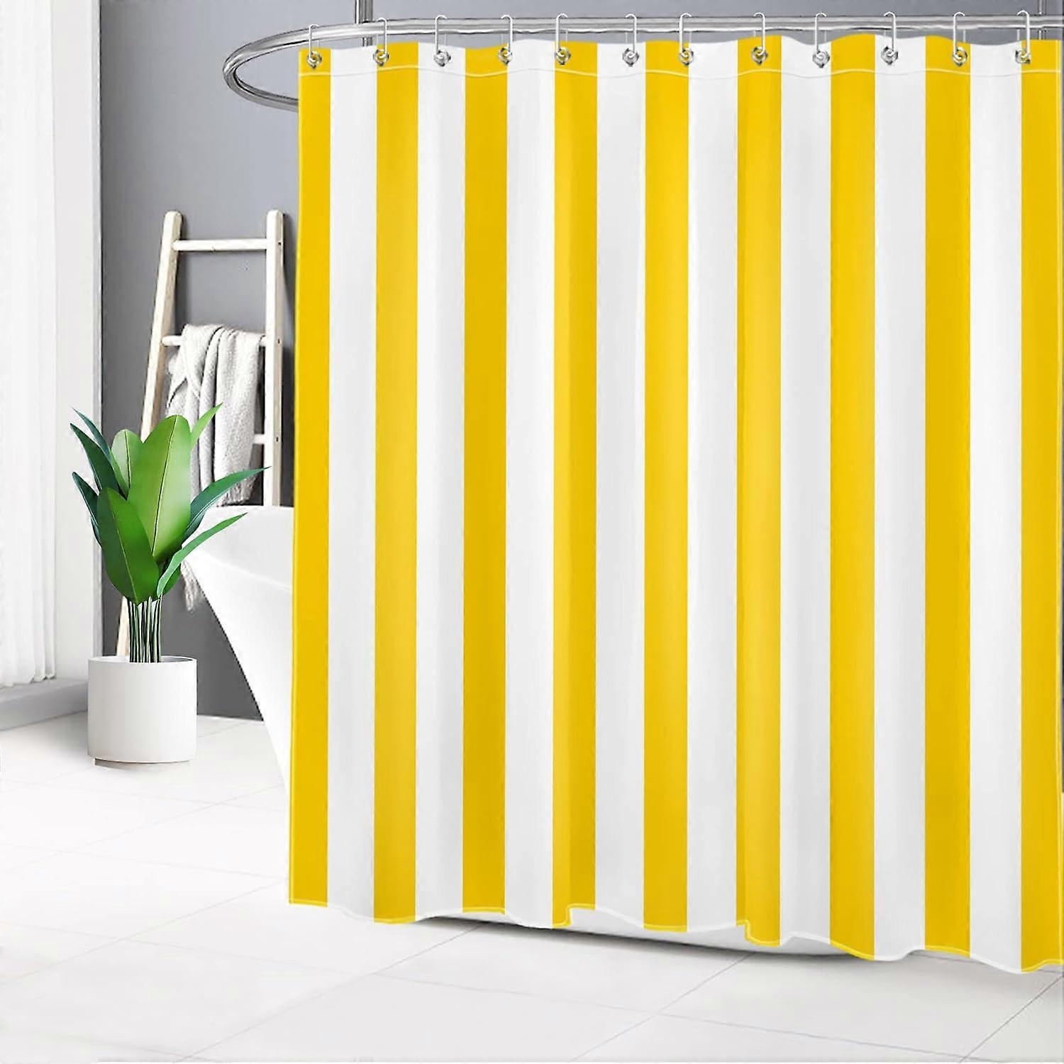 White and Yellow Striped Shower Curtain Sets with Rugs Geometric