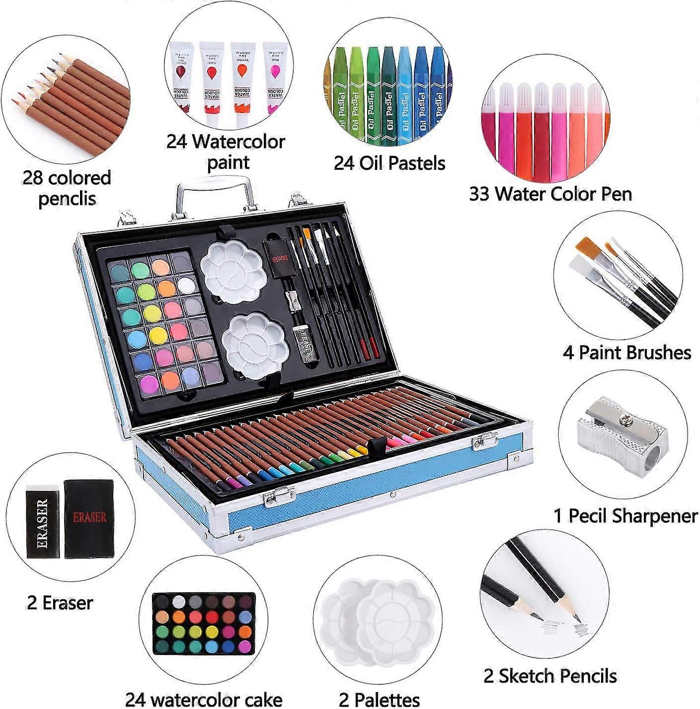 145 Piece Art Set, Painting & Drawing Set in Aluminum Case with Oil Pastels, Colored Pencils, Acrylic Paints, Sharpener