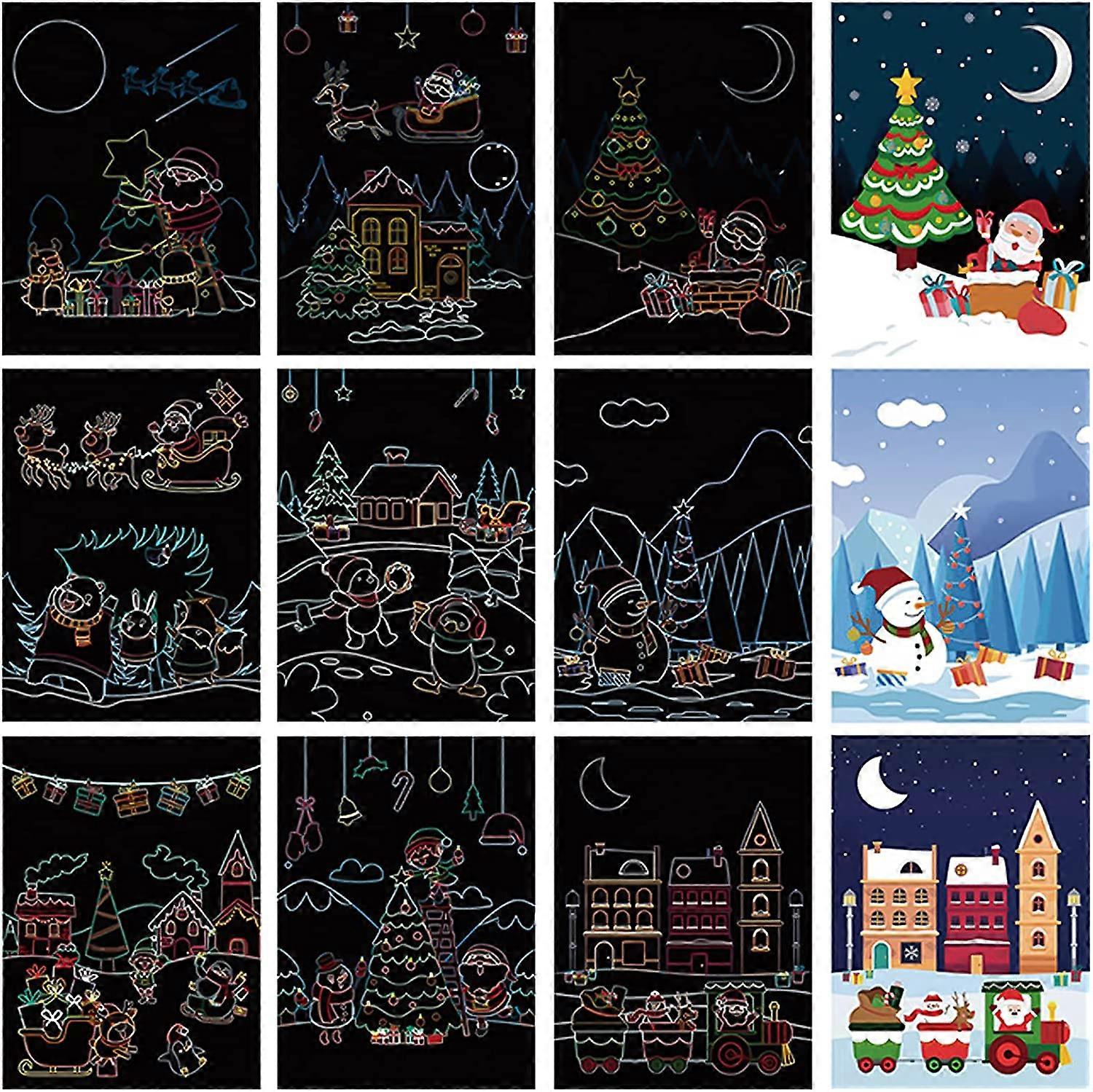 9 Pieces Christmas Scratch Paper Art Set, Rainbow Magic Paper Black Scratch Off Art C
